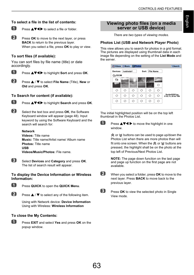Viewing photo files, On a media server or usb device) | Toshiba L6463 User Manual | Page 63 / 95