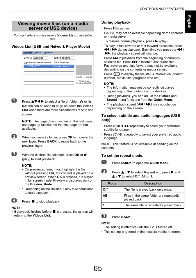 Viewing movie files, On a media server or usb device) | Toshiba L6463 User Manual | Page 65 / 95