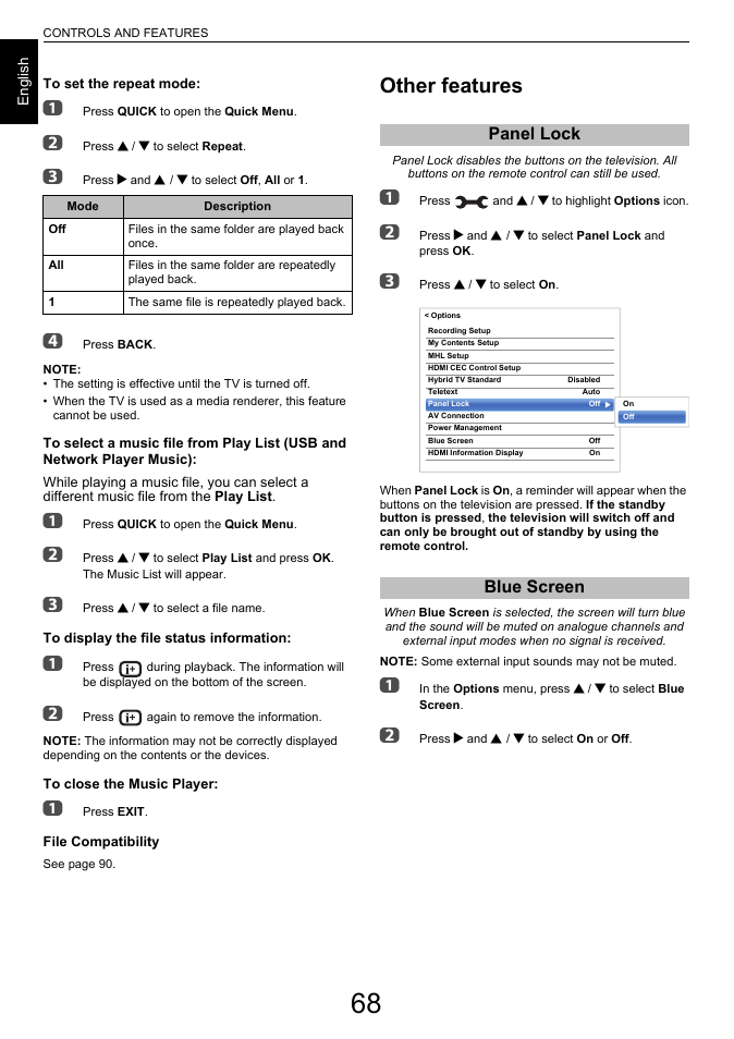 Other features, Panel lock, Blue screen | Panel lock blue screen | Toshiba L6463 User Manual | Page 68 / 95