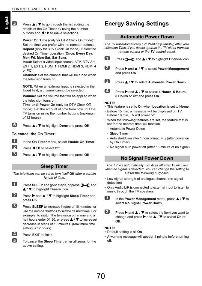 Sleep timer, Energy saving settings, Automatic power down | No signal power down, Automatic power down no signal power down | Toshiba L6463 User Manual | Page 70 / 95