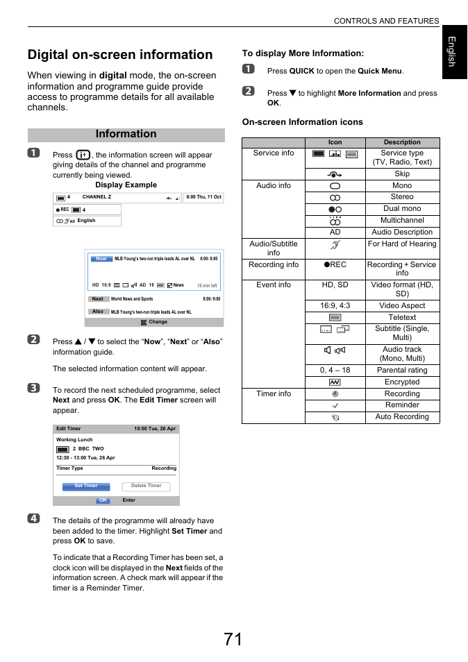 Digital on-screen information, Information, Engl ish | Toshiba L6463 User Manual | Page 71 / 95