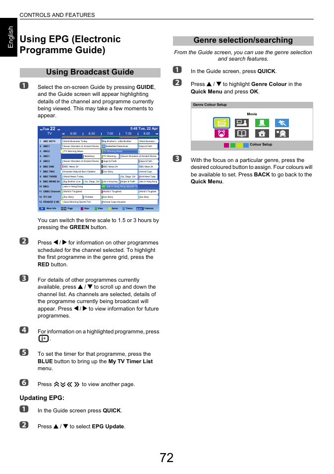 Using epg (electronic programme guide), Using broadcast guide, Genre selection/searching | Using broadcast guide genre selection/searching, En g lis h, Updating epg | Toshiba L6463 User Manual | Page 72 / 95