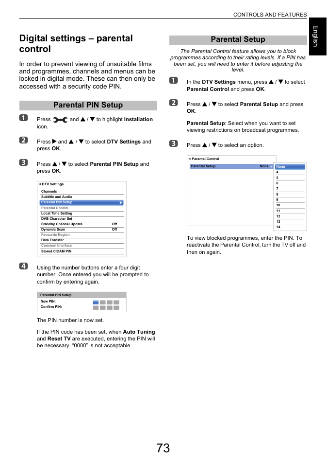 Digital settings – parental control, Parental pin setup, Parental setup | Parental pin setup parental setup | Toshiba L6463 User Manual | Page 73 / 95