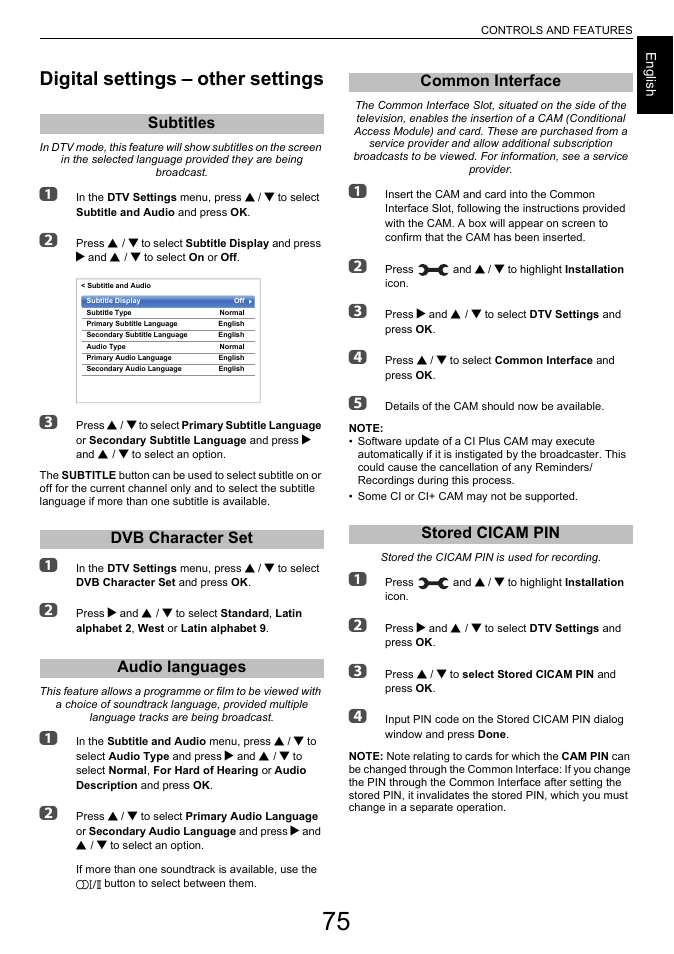 Digital settings – other settings, Subtitles, Dvb character set | Audio languages, Common interface, Stored cicam pin, Subtitles dvb character set audio languages, Common interface stored cicam pin | Toshiba L6463 User Manual | Page 75 / 95