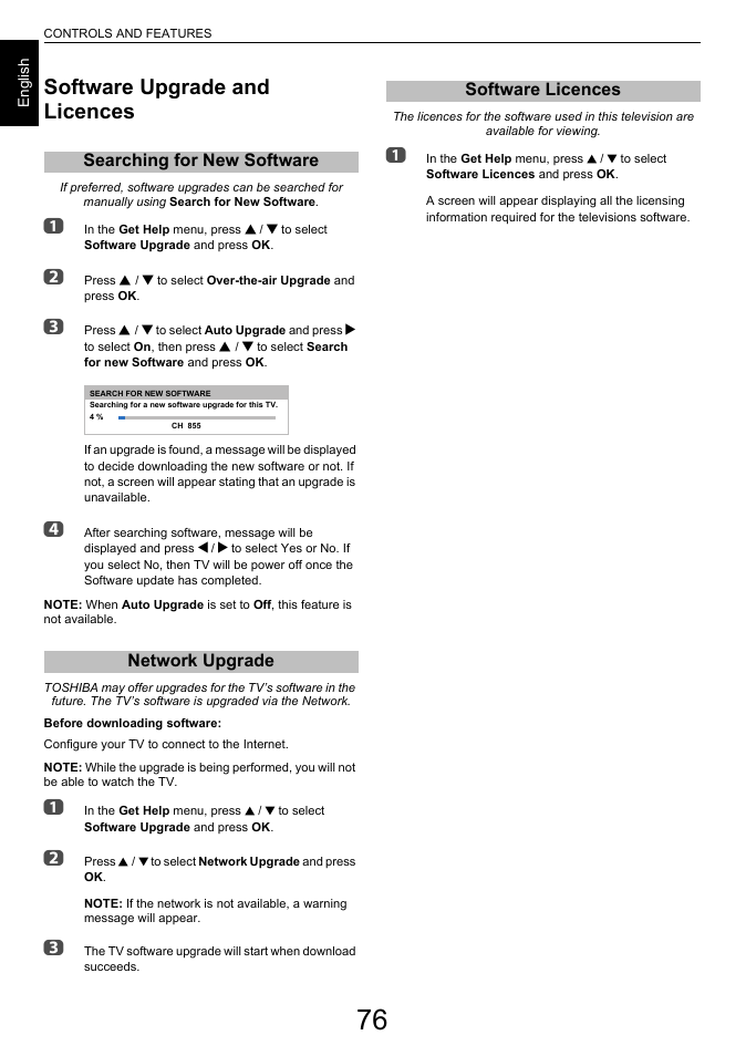 Software upgrade and licences, Searching for new software, Network upgrade | Software licences, Searching for new software network upgrade | Toshiba L6463 User Manual | Page 76 / 95