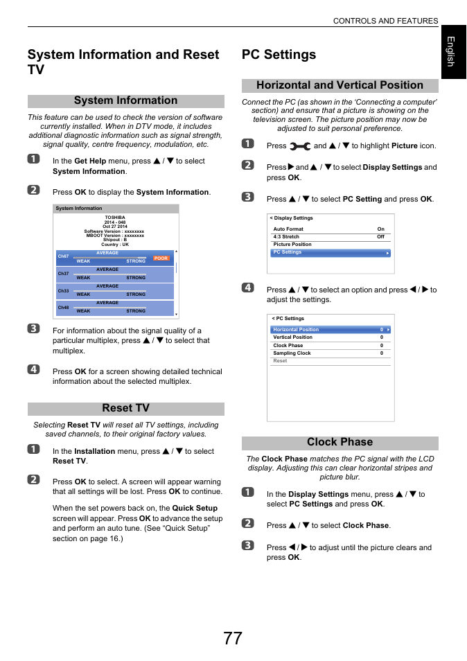 System information and reset tv, System information, Reset tv | Pc settings, Horizontal and vertical position, Clock phase, System information reset tv, Horizontal and vertical position clock phase, Age 77), Engl ish | Toshiba L6463 User Manual | Page 77 / 95