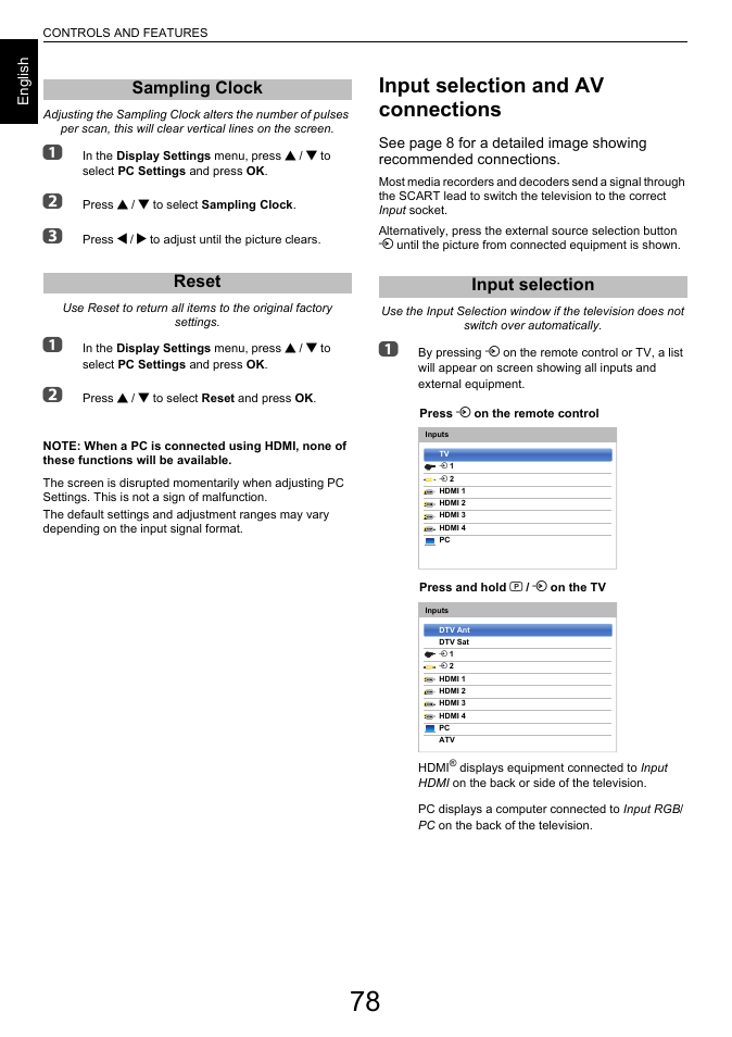 Sampling clock, Reset, Input selection and av connections | Input selection, Sampling clock reset, Sampling clock reset input selection | Toshiba L6463 User Manual | Page 78 / 95