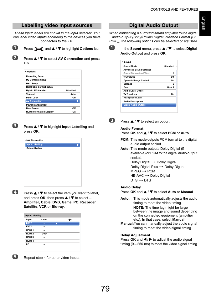 Labelling video input sources, Digital audio output, Labelling video input sources digital audio output | Engl ish | Toshiba L6463 User Manual | Page 79 / 95