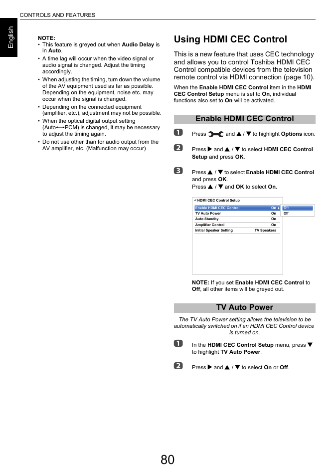 Using hdmi cec control, Enable hdmi cec control, Tv auto power | Enable hdmi cec control tv auto power | Toshiba L6463 User Manual | Page 80 / 95