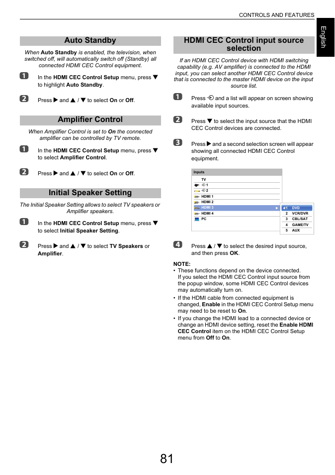 Auto standby, Amplifier control, Initial speaker setting | Hdmi cec control input source selection | Toshiba L6463 User Manual | Page 81 / 95