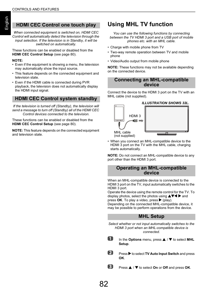 Hdmi cec control one touch play, Hdmi cec control system standby, Using mhl tv function | Connecting an mhl-compatible device, Operating an mhl-compatible device, Mhl setup | Toshiba L6463 User Manual | Page 82 / 95