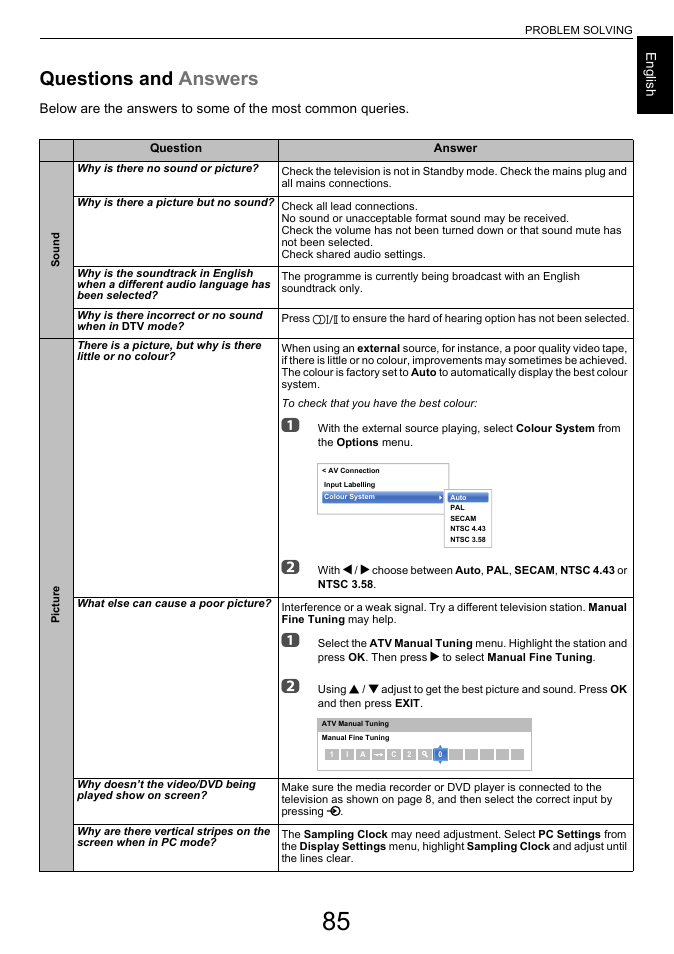 Problem solving, Questions and answers, Questions and | Answers | Toshiba L6463 User Manual | Page 85 / 95