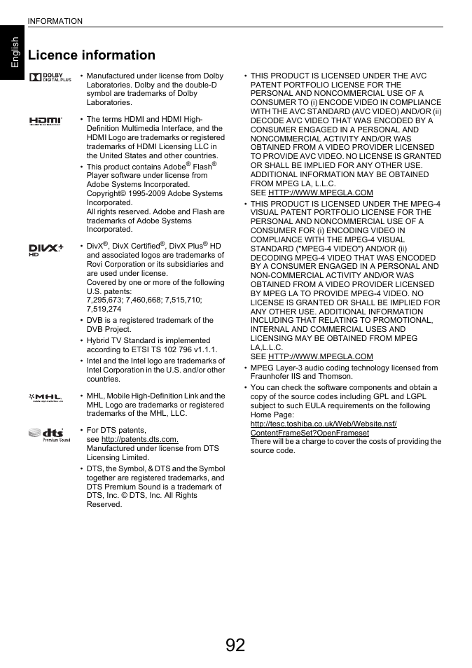 Licence information | Toshiba L6463 User Manual | Page 92 / 95