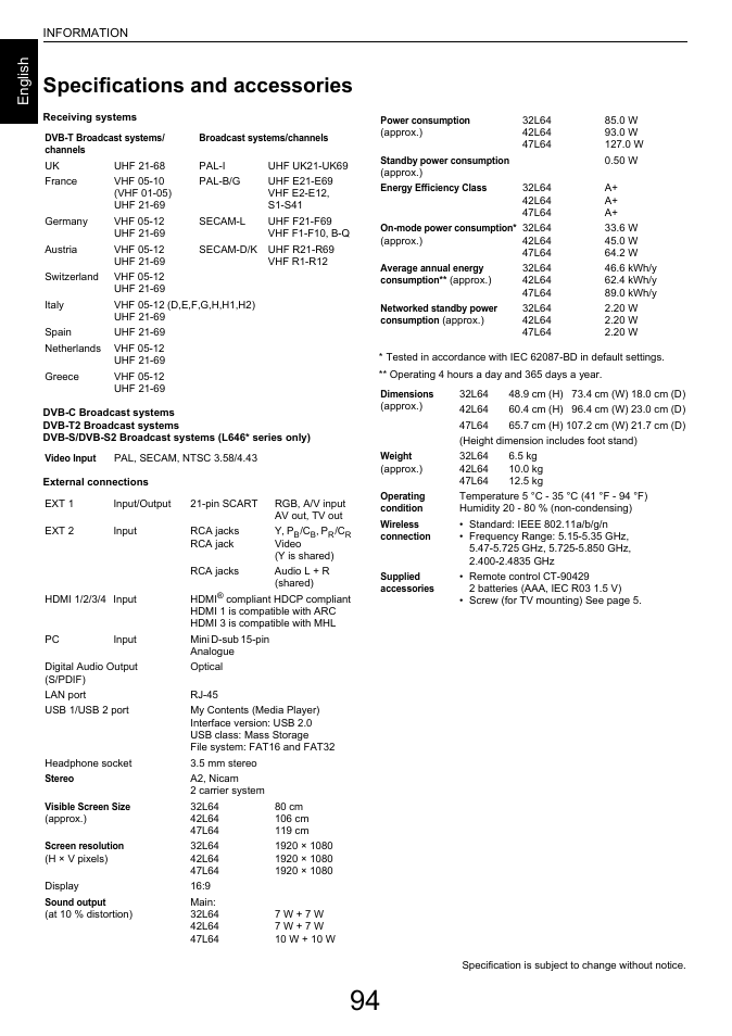 Specifications and accessories, En g lis h | Toshiba L6463 User Manual | Page 94 / 95