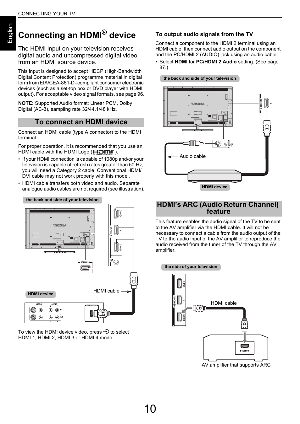 Connecting an hdmi® device, To connect an hdmi device, Hdmi’s arc (audio return channel) feature | Connecting an hdmi, Device | Toshiba M9363 User Manual | Page 10 / 106