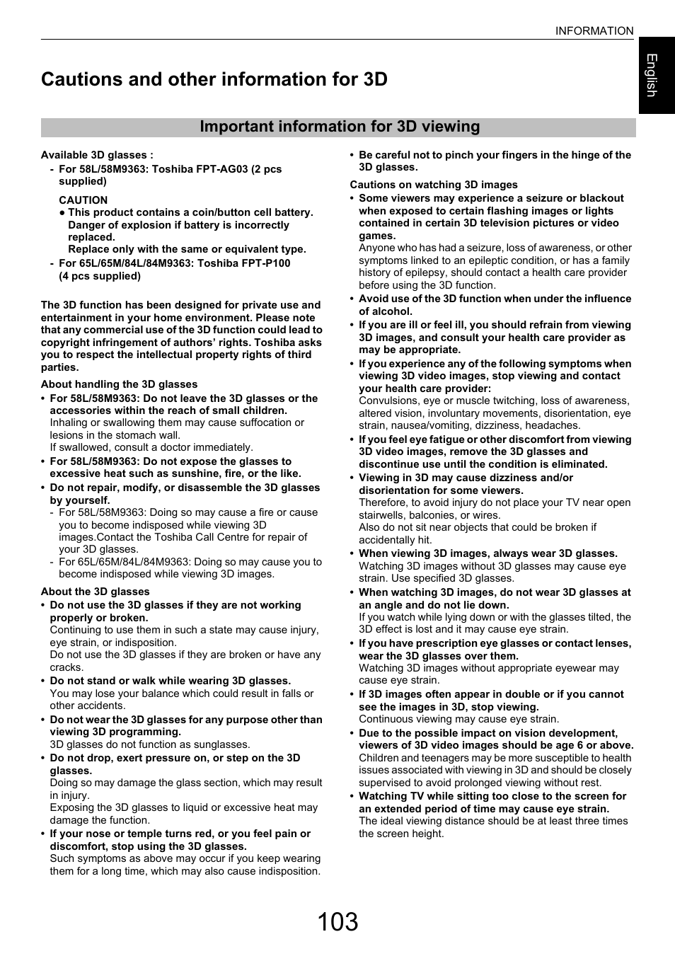 Cautions and other information for 3d, Important information for 3d viewing” s, Important information for 3d viewing | Toshiba M9363 User Manual | Page 103 / 106