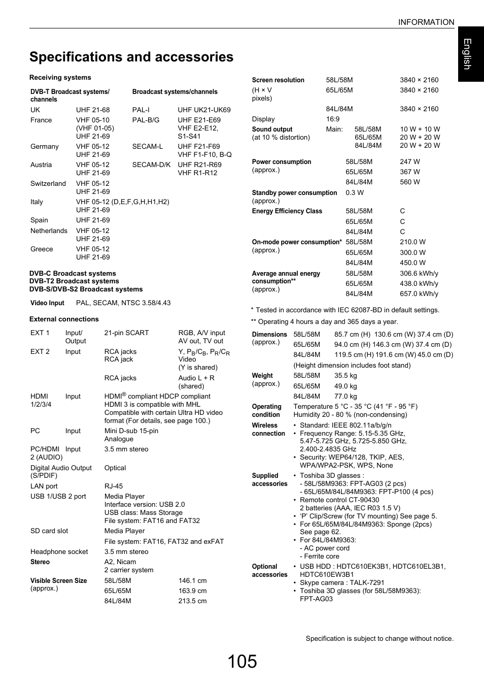 Specifications and accessories, Engl ish | Toshiba M9363 User Manual | Page 105 / 106