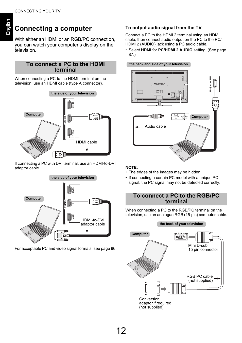 Connecting a computer, To connect a pc to the hdmi terminal, To connect a pc to the rgb/pc terminal | Toshiba M9363 User Manual | Page 12 / 106