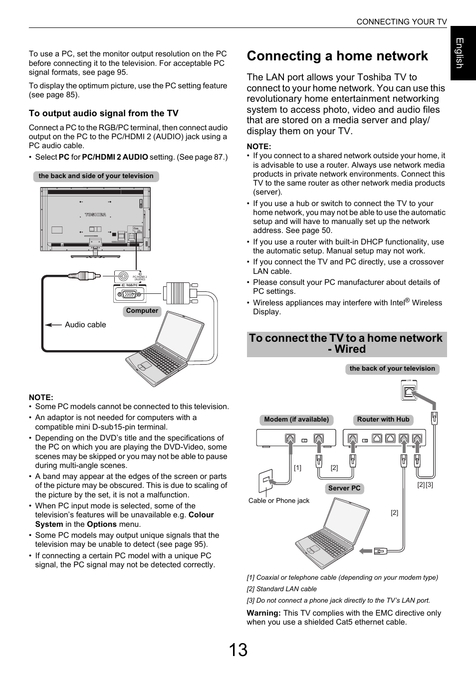 Connecting a home network, To connect the tv to a home network - wired, Engl ish | Toshiba M9363 User Manual | Page 13 / 106