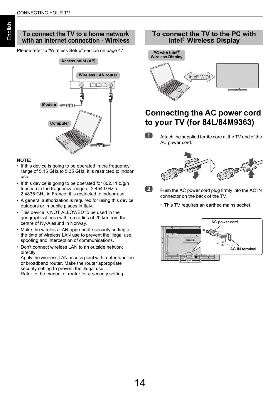 To connect the tv to a home network with an, Internet connection - wireless, To connect the tv to the pc with intel | Wireless, Display, Connecting the ac power cord to your tv, For 84l/84m9363), Wireless display | Toshiba M9363 User Manual | Page 14 / 106