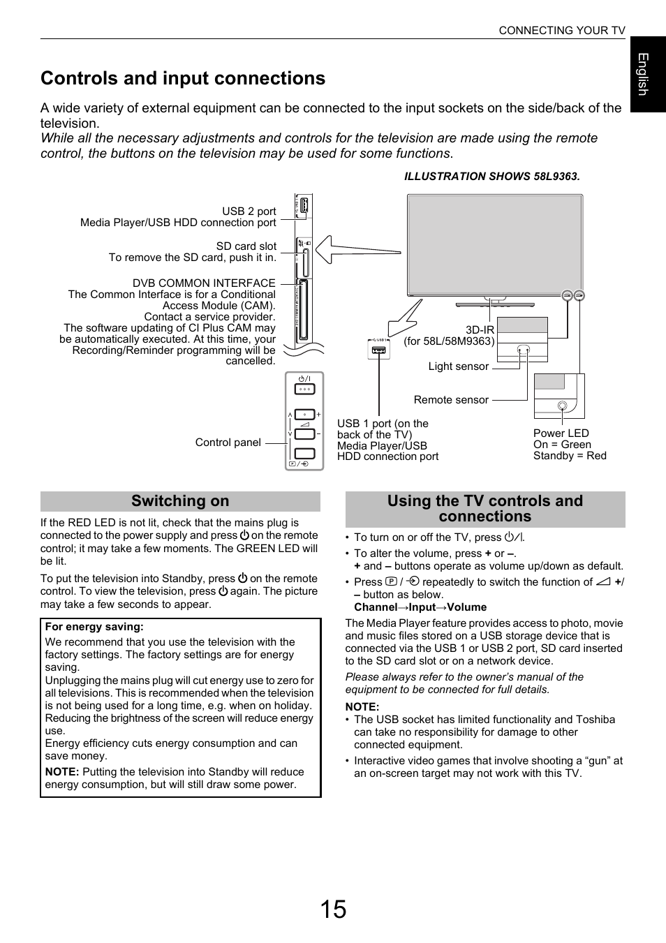 Controls and input connections, Switching on, Using the tv controls and connections | Switching on using the tv controls and connections | Toshiba M9363 User Manual | Page 15 / 106