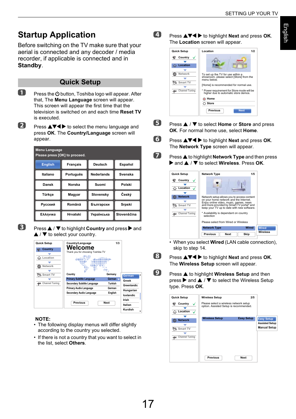 Setting up your tv, Startup application, Quick setup | Welcome, Engl ish, Bbc c | Toshiba M9363 User Manual | Page 17 / 106