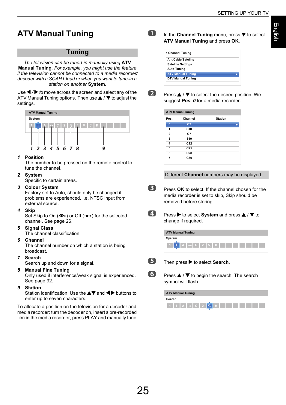 Atv manual tuning, Tuning, Engl ish | Toshiba M9363 User Manual | Page 25 / 106