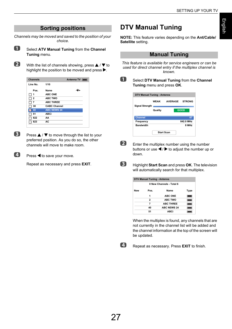 Sorting positions, Dtv manual tuning, Manual tuning | Engl ish | Toshiba M9363 User Manual | Page 27 / 106