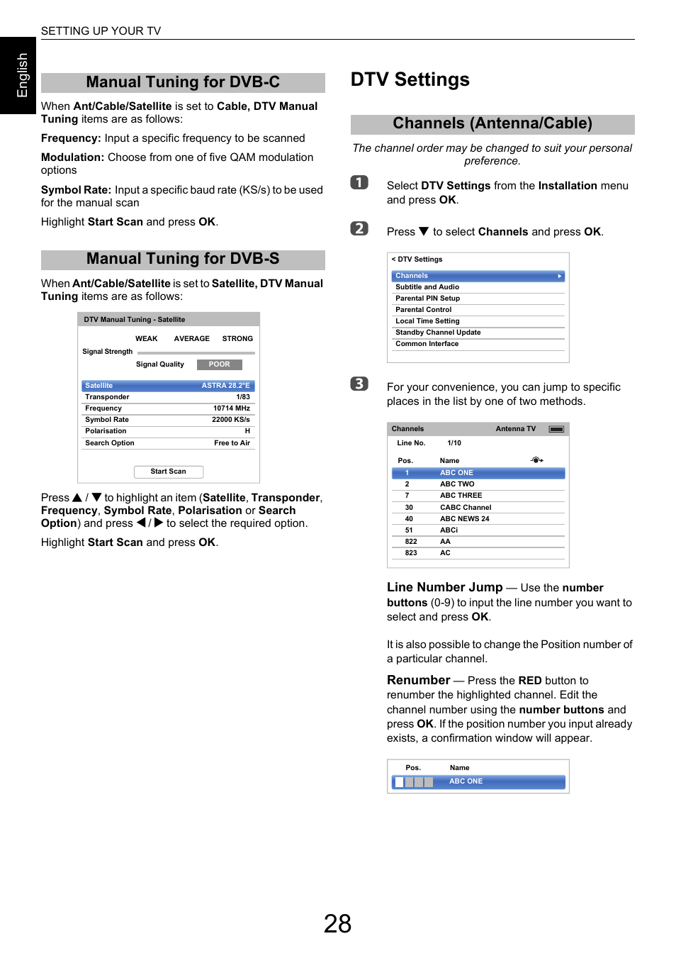 Manual tuning for dvb-c, Manual tuning for dvb-s, Dtv settings | Channels (antenna/cable), Manual tuning for dvb-c manual tuning for dvb-s, En g lis h, Line number jump, Renumber | Toshiba M9363 User Manual | Page 28 / 106