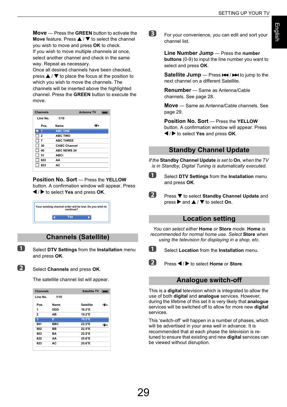 Channels (satellite), Standby channel update, Location setting | Analogue switch-off, Engl ish, Move, Position no. sort, Line number jump, Satellite jump, Renumber | Toshiba M9363 User Manual | Page 29 / 106