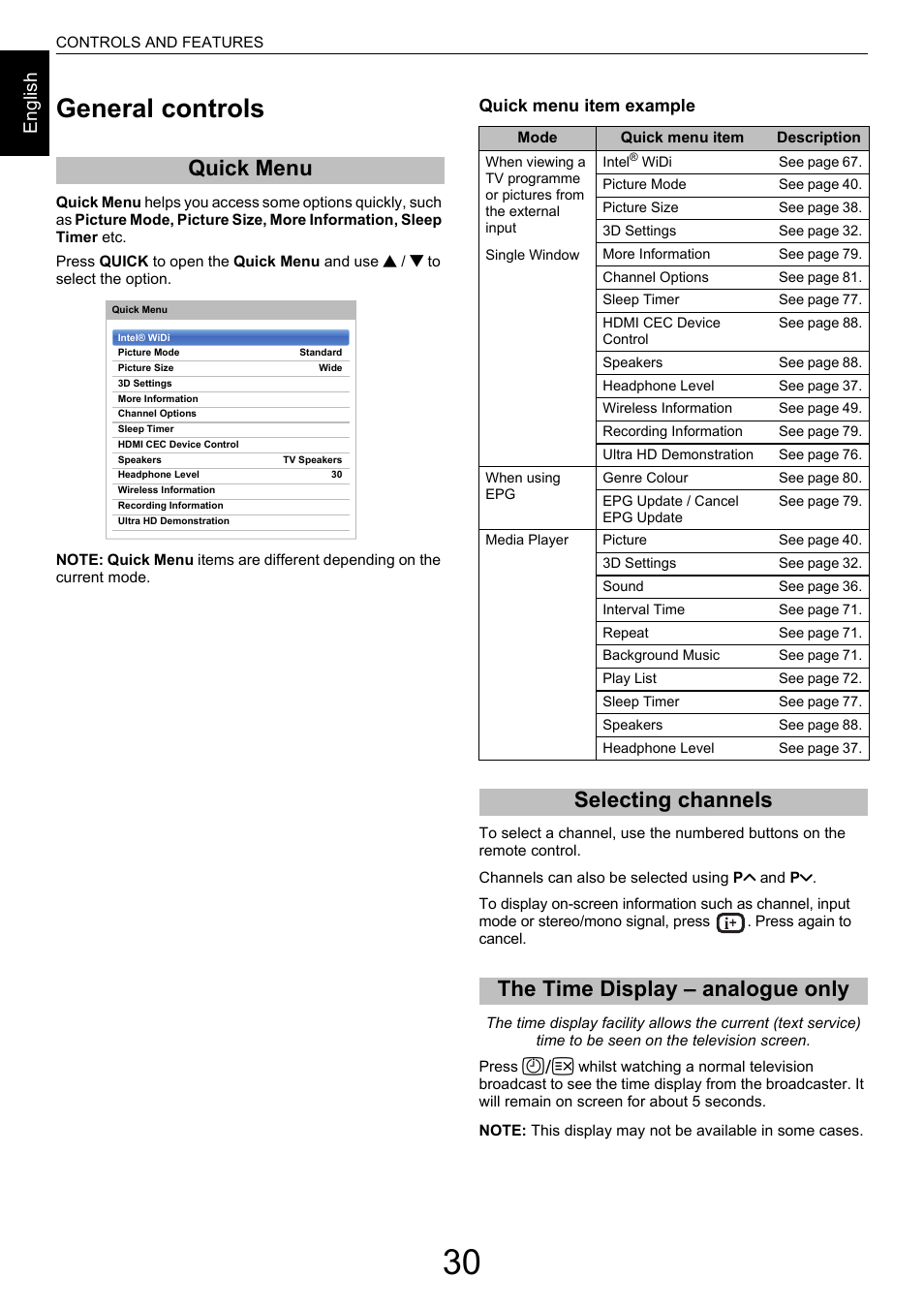 Controls and features, General controls, Quick menu | Selecting channels, The time display – analogue only, En g lis h | Toshiba M9363 User Manual | Page 30 / 106