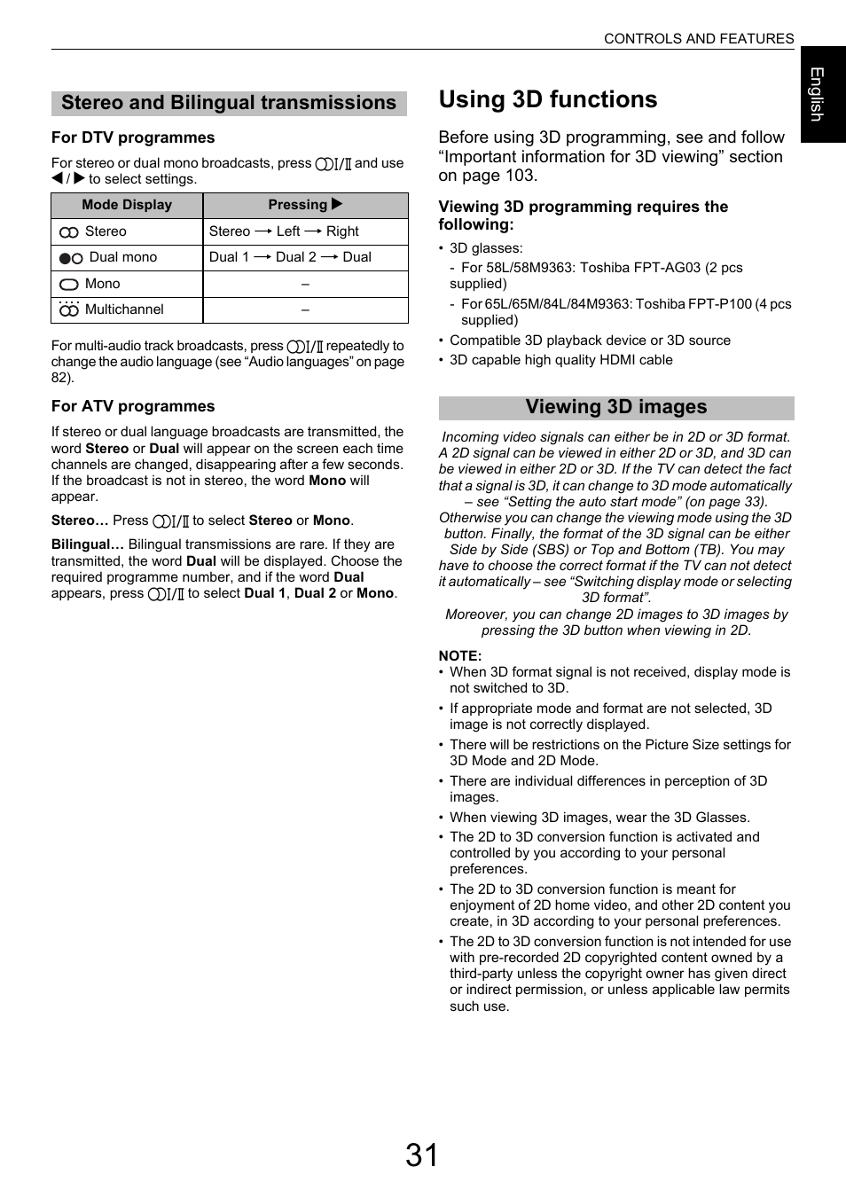 Stereo and bilingual transmissions, Using 3d functions, Viewing 3d images | Toshiba M9363 User Manual | Page 31 / 106