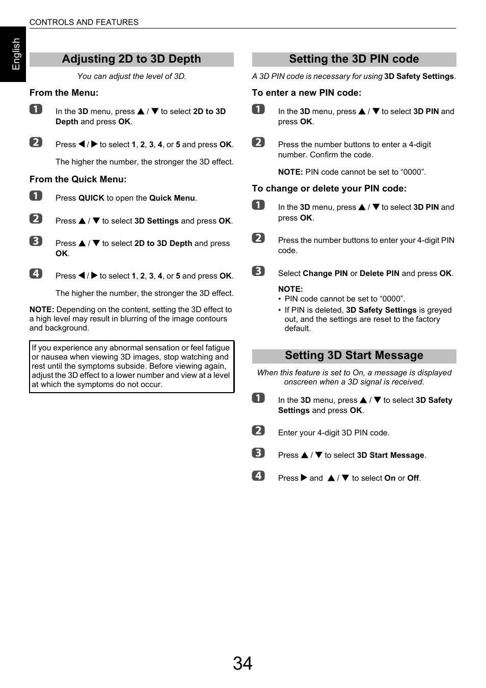 Adjusting 2d to 3d depth, Setting the 3d pin code, Setting 3d start message | Setting the 3d pin code setting 3d start message | Toshiba M9363 User Manual | Page 34 / 106