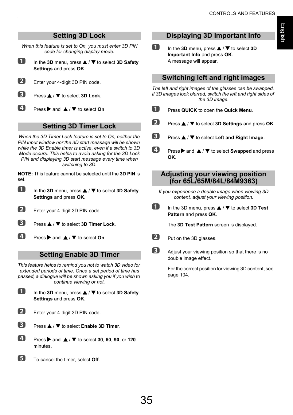 Setting 3d lock, Setting 3d timer lock, Setting enable 3d timer | Displaying 3d important info, Switching left and right images, For 65l/65m/84l/84m9363) | Toshiba M9363 User Manual | Page 35 / 106