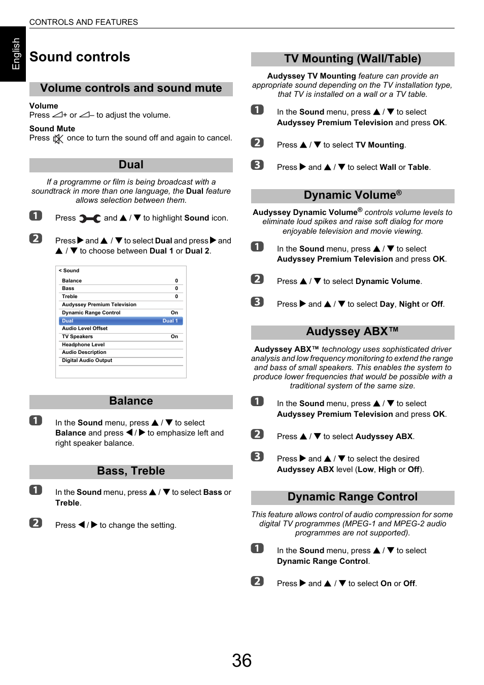 Sound controls, Volume controls and sound mute, Dual | Balance, Bass, treble, Tv mounting (wall/table), Dynamic volume, Audyssey abx, Dynamic range control, Audyssey abx™ dynamic range control | Toshiba M9363 User Manual | Page 36 / 106