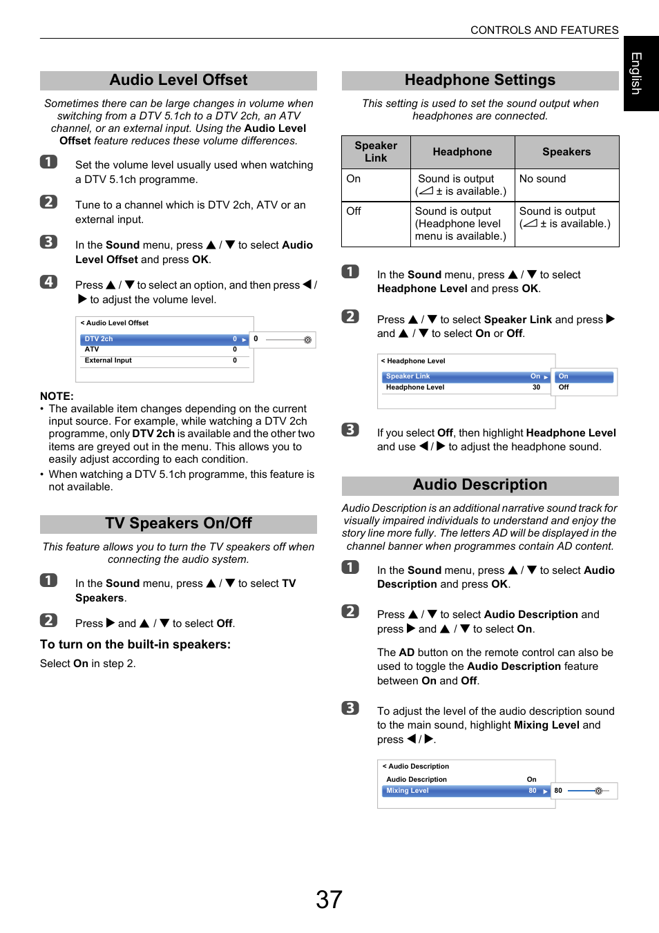 Audio level offset, Tv speakers on/off, Headphone settings | Audio description, Audio level offset tv speakers on/off | Toshiba M9363 User Manual | Page 37 / 106