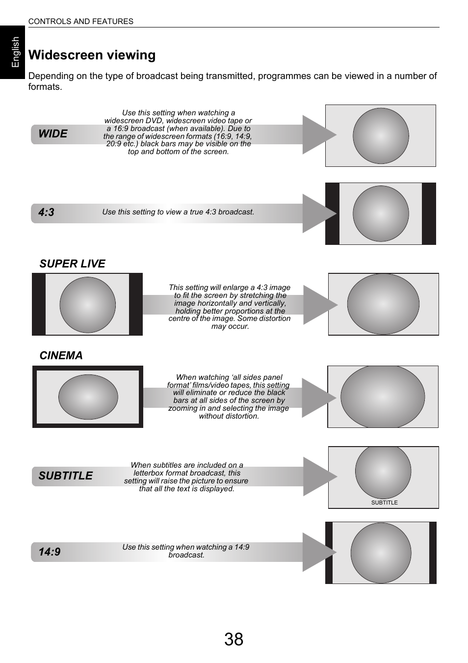 Widescreen viewing, Wide 4:3 subtitle, 9 super live cinema | Toshiba M9363 User Manual | Page 38 / 106