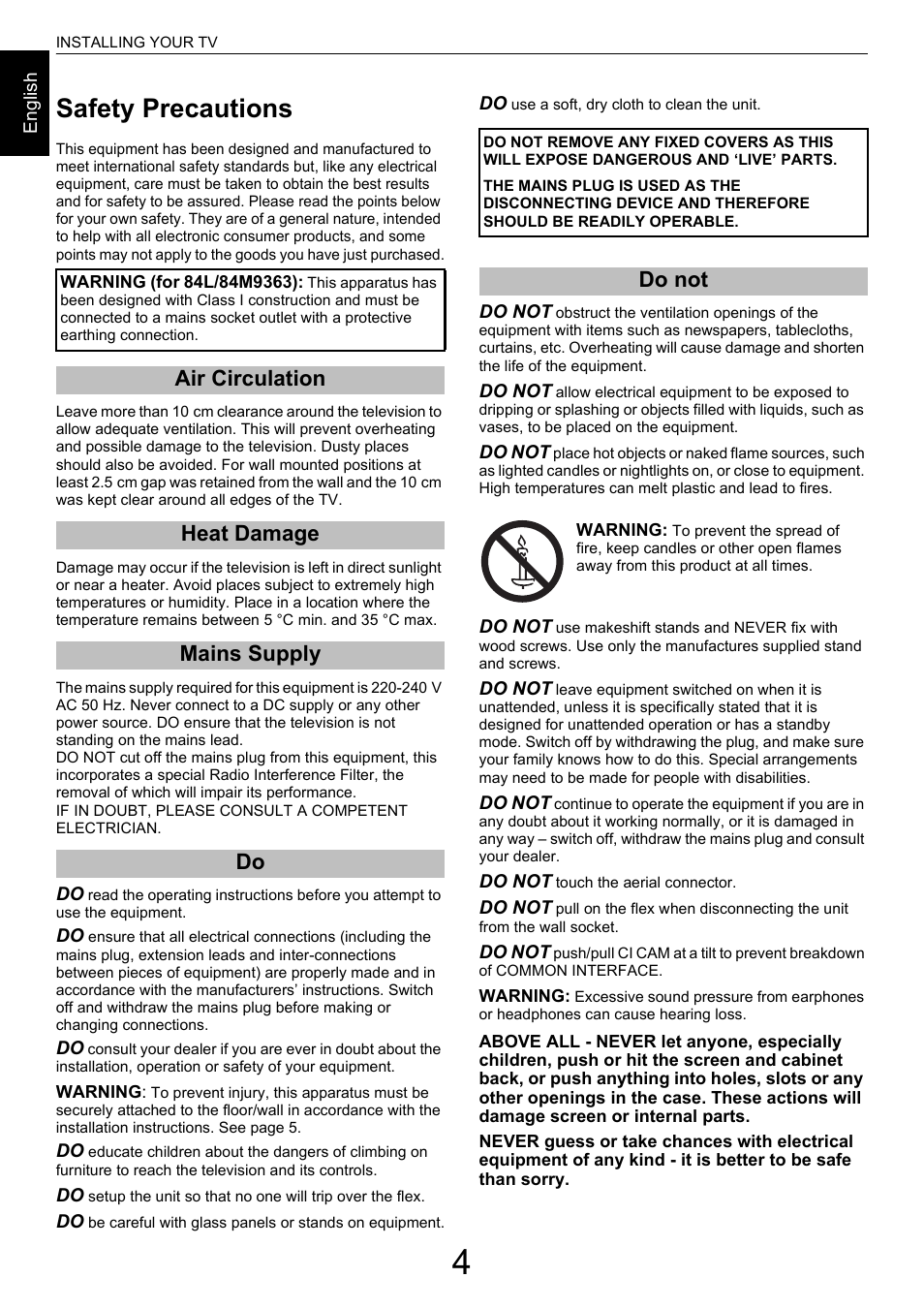 Installing your tv, Safety precautions, Air circulation heat damage mains supply do | Do not | Toshiba M9363 User Manual | Page 4 / 106