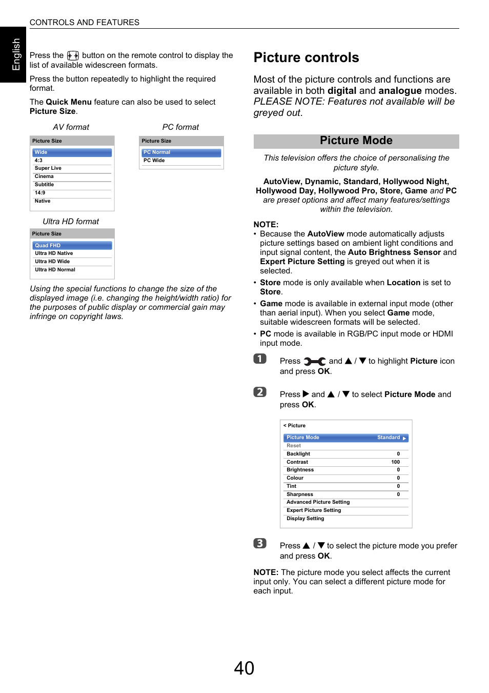 Picture controls, Picture mode, En g lis h | Toshiba M9363 User Manual | Page 40 / 106