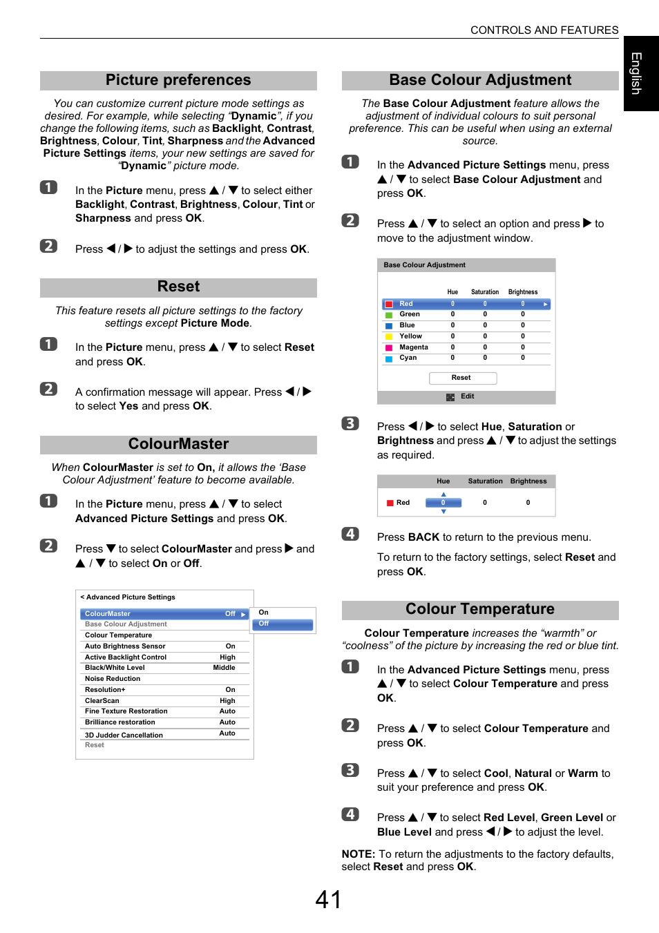 Picture preferences, Reset, Colourmaster | Base colour adjustment, Colour temperature, Picture preferences reset colourmaster, Base colour adjustment colour temperature, Engl ish | Toshiba M9363 User Manual | Page 41 / 106