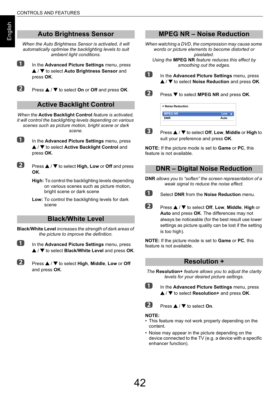 Auto brightness sensor, Active backlight control, Black/white level | Mpeg nr – noise reduction, Dnr – digital noise reduction, Resolution | Toshiba M9363 User Manual | Page 42 / 106