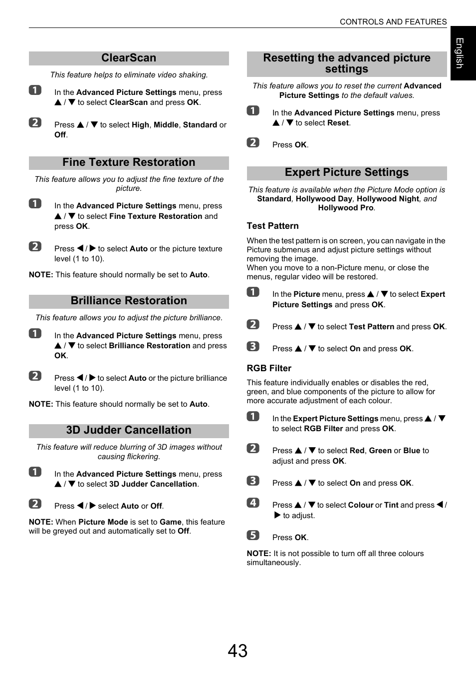 Clearscan, Fine texture restoration, Brilliance restoration | 3d judder cancellation, Resetting the advanced picture settings, Expert picture settings | Toshiba M9363 User Manual | Page 43 / 106