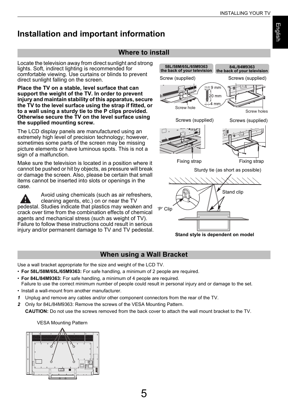 Installation and important information, Where to install, When using a wall bracket | Toshiba M9363 User Manual | Page 5 / 106