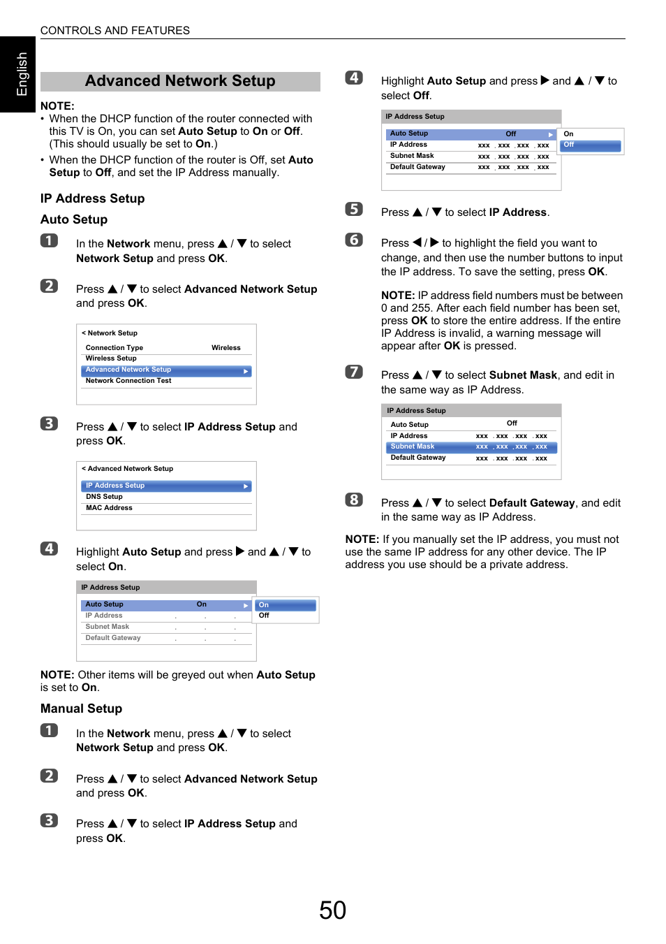 Advanced network setup, Ge 50, En g lis h | Toshiba M9363 User Manual | Page 50 / 106