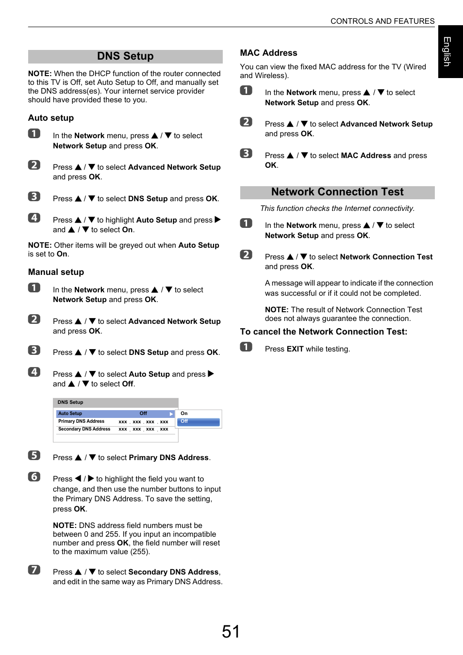 Dns setup, Network connection test, Dns setup network connection test | Toshiba M9363 User Manual | Page 51 / 106