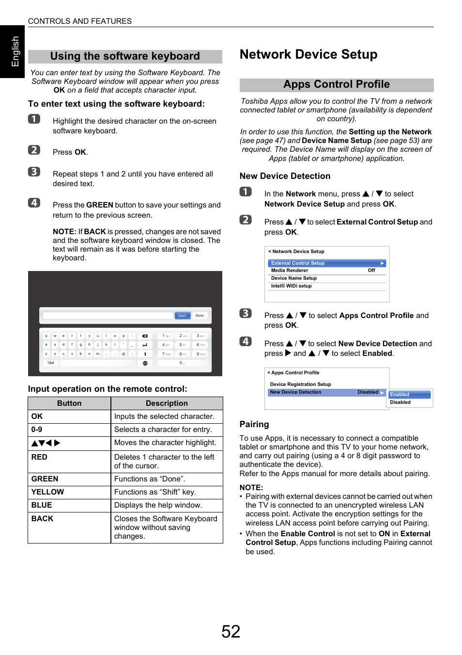 Using the software keyboard, Network device setup, Apps control profile | En g lis h, Input operation on the remote control, New device detection, Pairing, Bbc c | Toshiba M9363 User Manual | Page 52 / 106