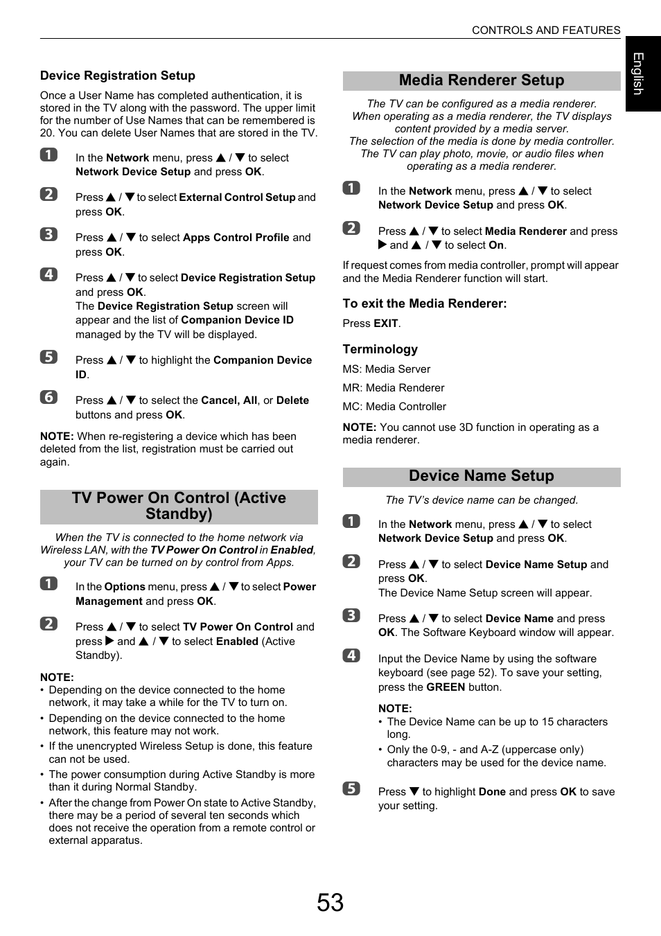 Tv power on control (active standby), Media renderer setup, Device name setup | Toshiba M9363 User Manual | Page 53 / 106