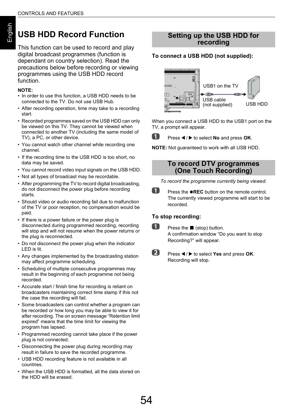 Usb hdd record function, Setting up the usb hdd for recording, To record dtv programmes (one touch recording) | One touch recording) | Toshiba M9363 User Manual | Page 54 / 106