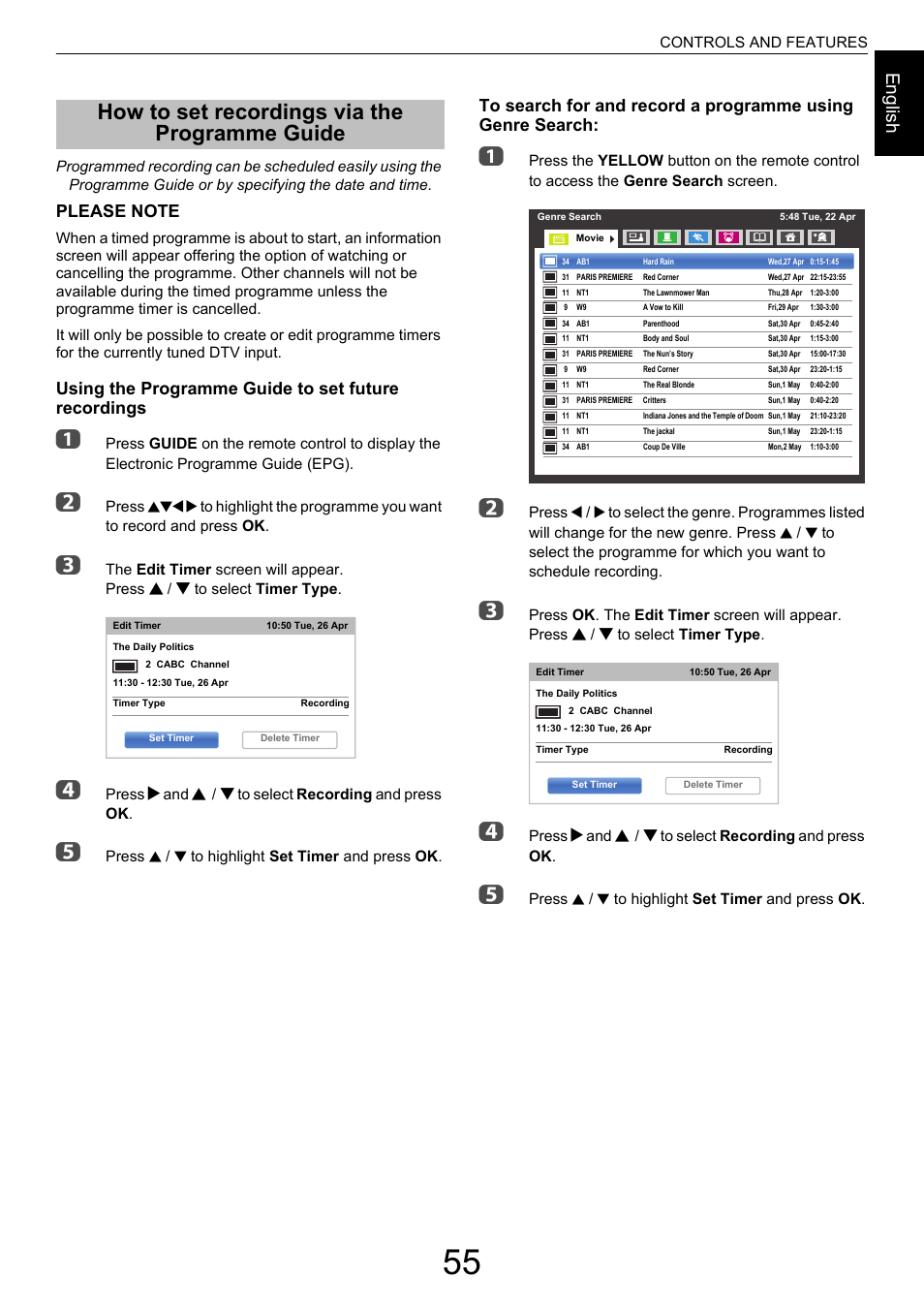 How to set recordings via the programme guide, How to set recordings via the programme, Guide | Engl ish, Using the programme guide to set future recordings | Toshiba M9363 User Manual | Page 55 / 106