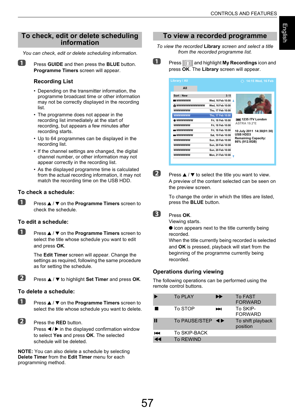 To check, edit or delete scheduling information, To view a recorded programme, To check, edit or delete scheduling | Information, Engl ish, Recording list, Operations during viewing | Toshiba M9363 User Manual | Page 57 / 106